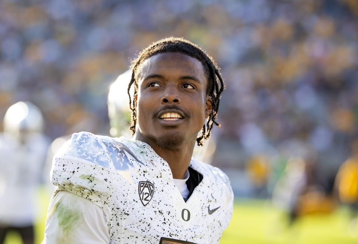 Nov 18, 2023; Tempe, Arizona, USA; Oregon Ducks defensive back Khyree Jackson (5) against the Arizona State Sun Devils at Mountain America Stadium. Mandatory Credit: Mark J. Rebilas-USA TODAY Sports