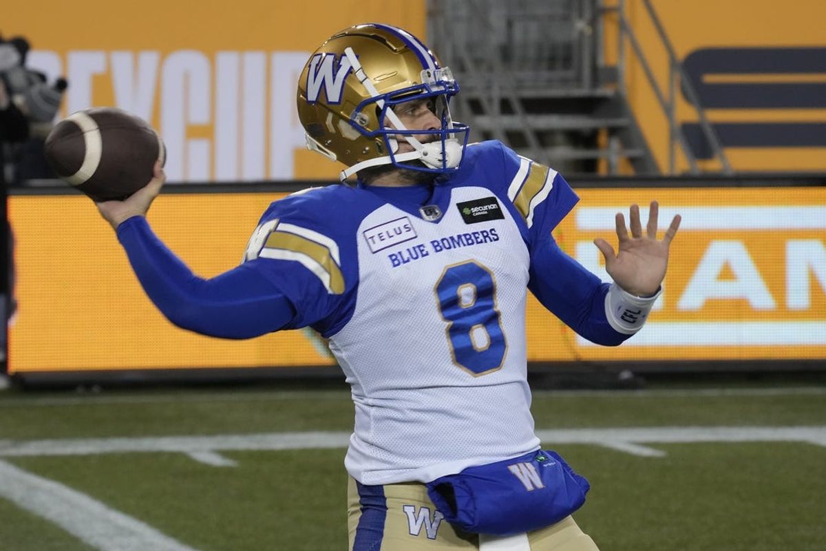 Nov 19, 2023; Hamilton, Ontario, CAN; Winnipeg Blue Bombers quarterback Zach Collaros (8) throws a pass during warm up before the Grey Cup game against the Montreal Alouettes at Tim Hortons Field. Mandatory Credit: John E. Sokolowski-USA TODAY Sports