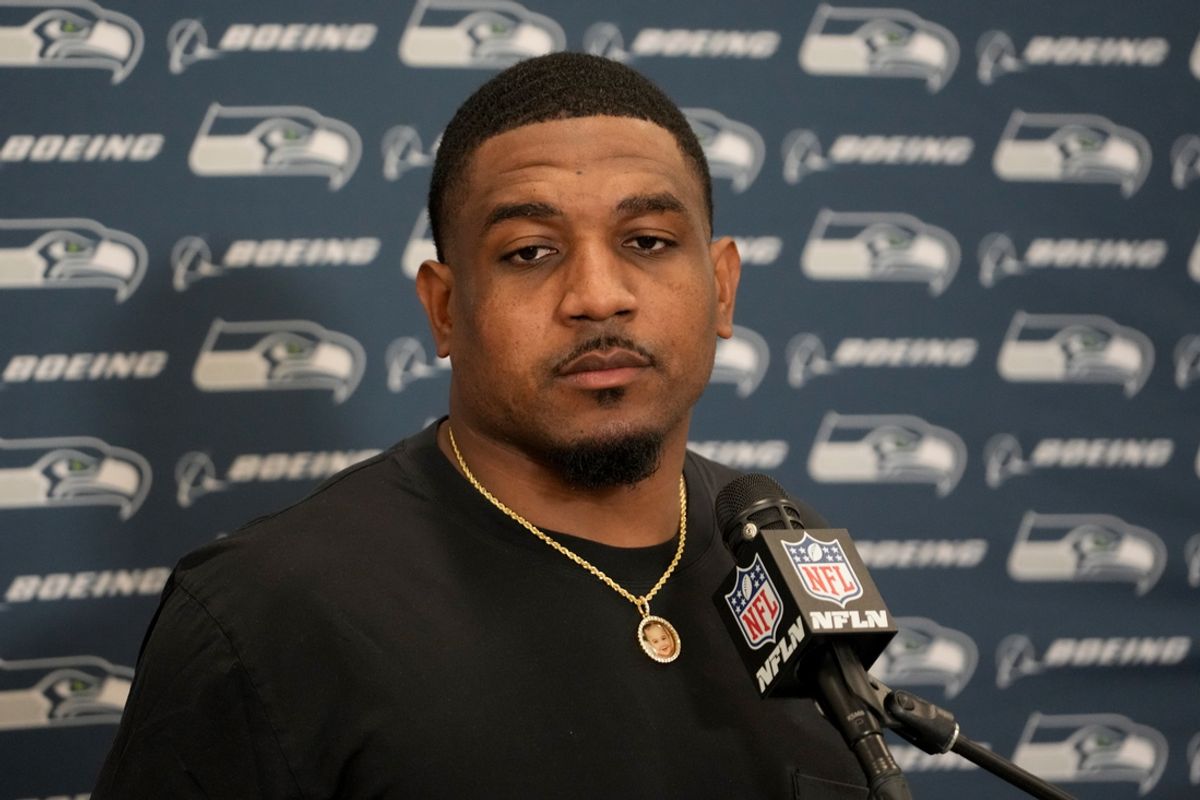 Nov 19, 2023; Inglewood, California, USA;  Seattle Seahawks safety Quandre Diggs (6) speaks in a press conference after the game against the Los Angeles Rams at SoFi Stadium. Mandatory Credit: Kirby Lee-USA TODAY Sports