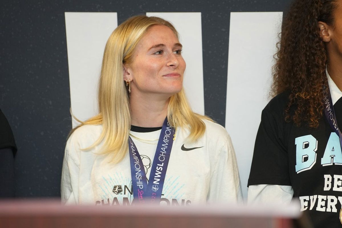 Nov 20, 2023; Harrison, NJ, USA; NJ/NY Gotham FC midfielder Jenna nighswonger (32) is recognized during NJ/NY Gotham FC Trophy Homecoming Celebration the  at Red Bull Arena. Mandatory Credit: Gregory Fisher-Imagn Images