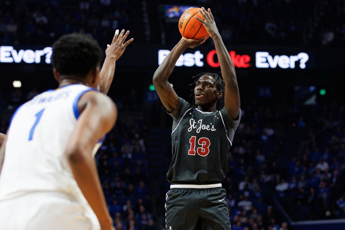 Nov 20, 2023; Lexington, Kentucky, USA; Saint Joseph's Hawks forward Rasheer Fleming (13) shoots the ball during the first half against the Kentucky Wildcats at Rupp Arena at Central Bank Center. Mandatory Credit: Jordan Prather-Imagn Images