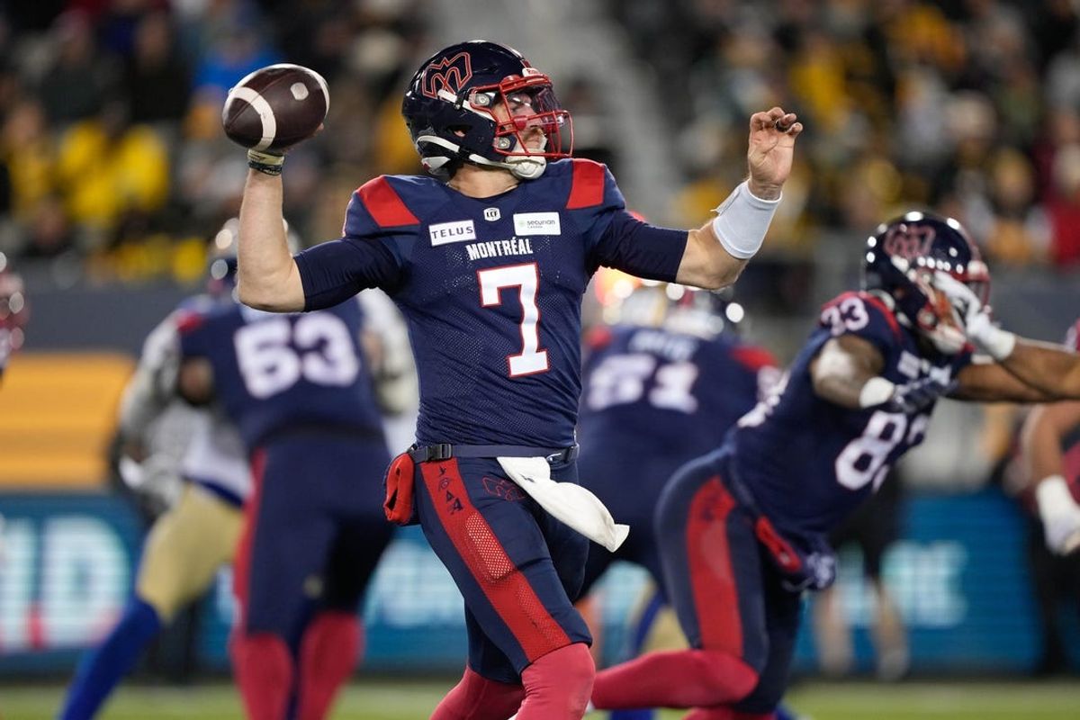 Nov 19, 2023; Hamilton, Ontario, CAN; Montreal Alouettes quarterback Cody Fajardo (7) against the Winnipeg Blue Bombers during the second quarter of the 110th Grey Cup game at Tim Hortons Field. Mandatory Credit: John E. Sokolowski-USA TODAY Sports