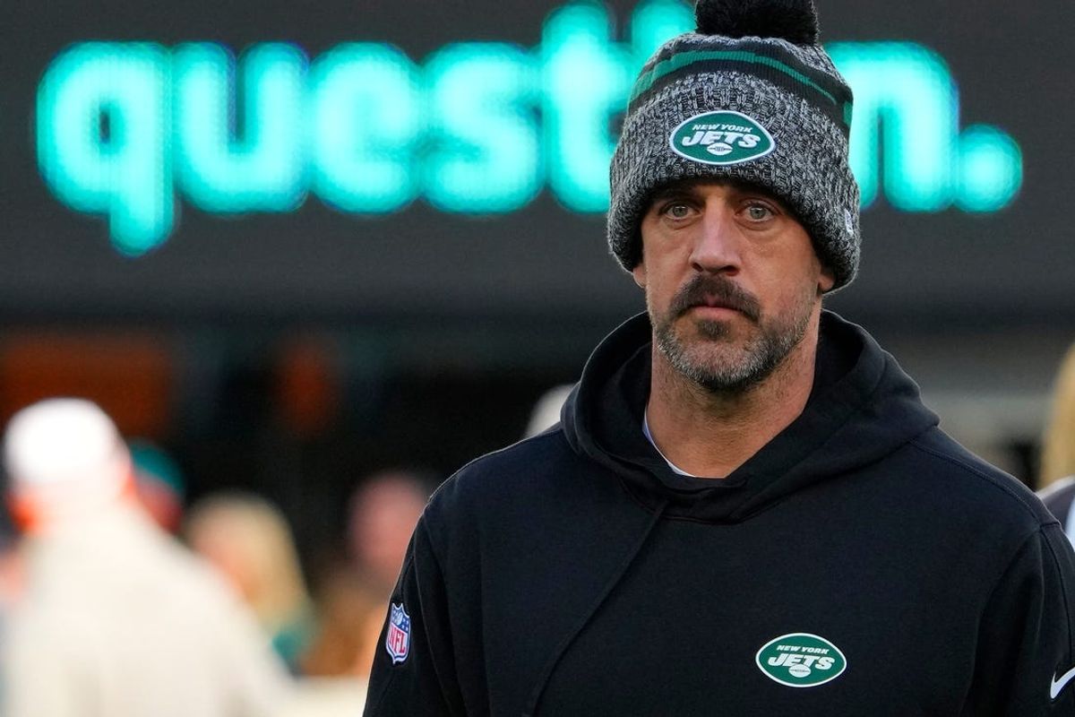 Nov 24, 2023; East Rutherford, New Jersey, USA; New York Jets quarterback Aaron Rodgers (8), on injured reserve, pregame against the Miami Dolphins at MetLife Stadium. Mandatory Credit: Robert Deutsch-USA TODAY Sports