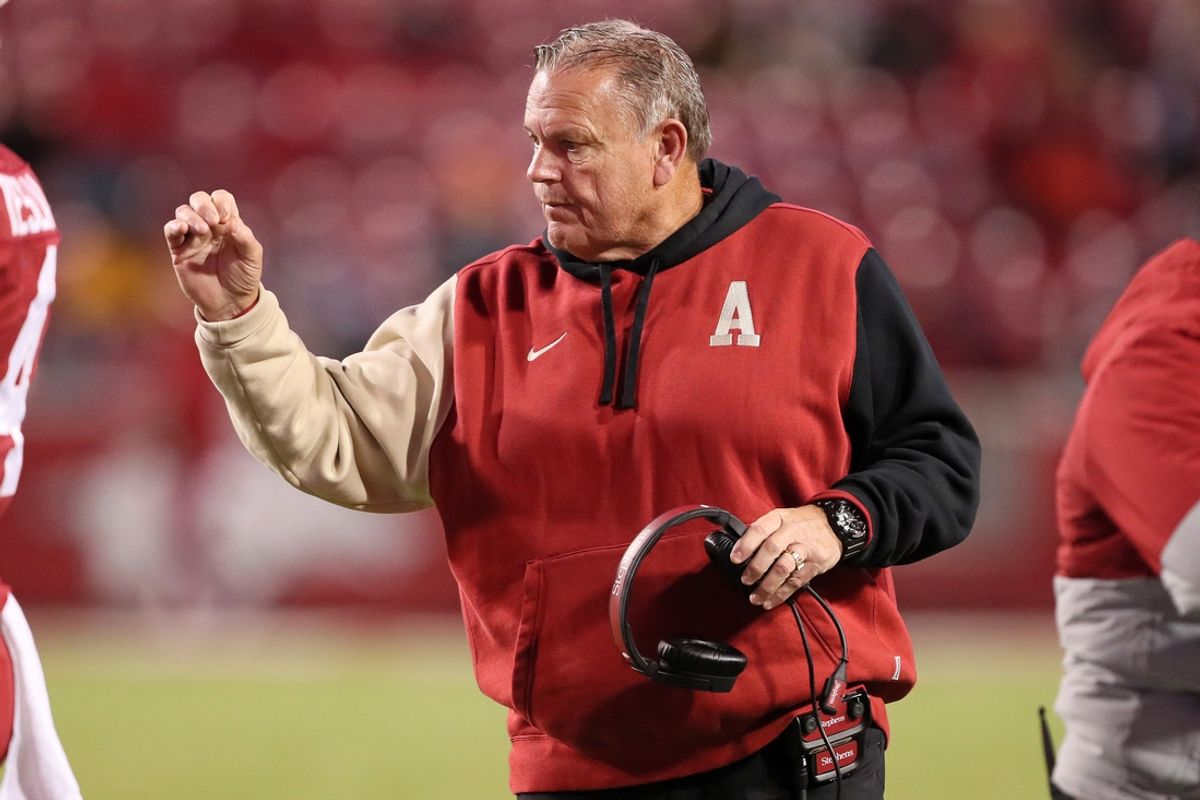 Nov 24, 2023; Fayetteville, Arkansas, USA; Arkansas Razorbacks head coach Sam Pittman during the fourth quarter against the Missouri Tigers at Donald W. Reynolds Razorback Stadium. Missouri won 48-14. Mandatory Credit: Nelson Chenault-USA TODAY Sports
