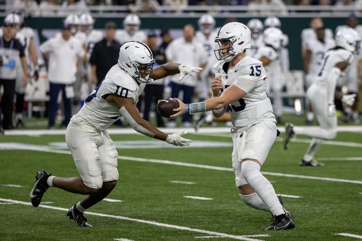 Penn State Nittany Lions quarterback Drew Allar (15) and running back Nicholas Singleton (10) lead a potent offense against defensively challenged Nevada. Mandatory Credit: David Reginek-Imagn Images