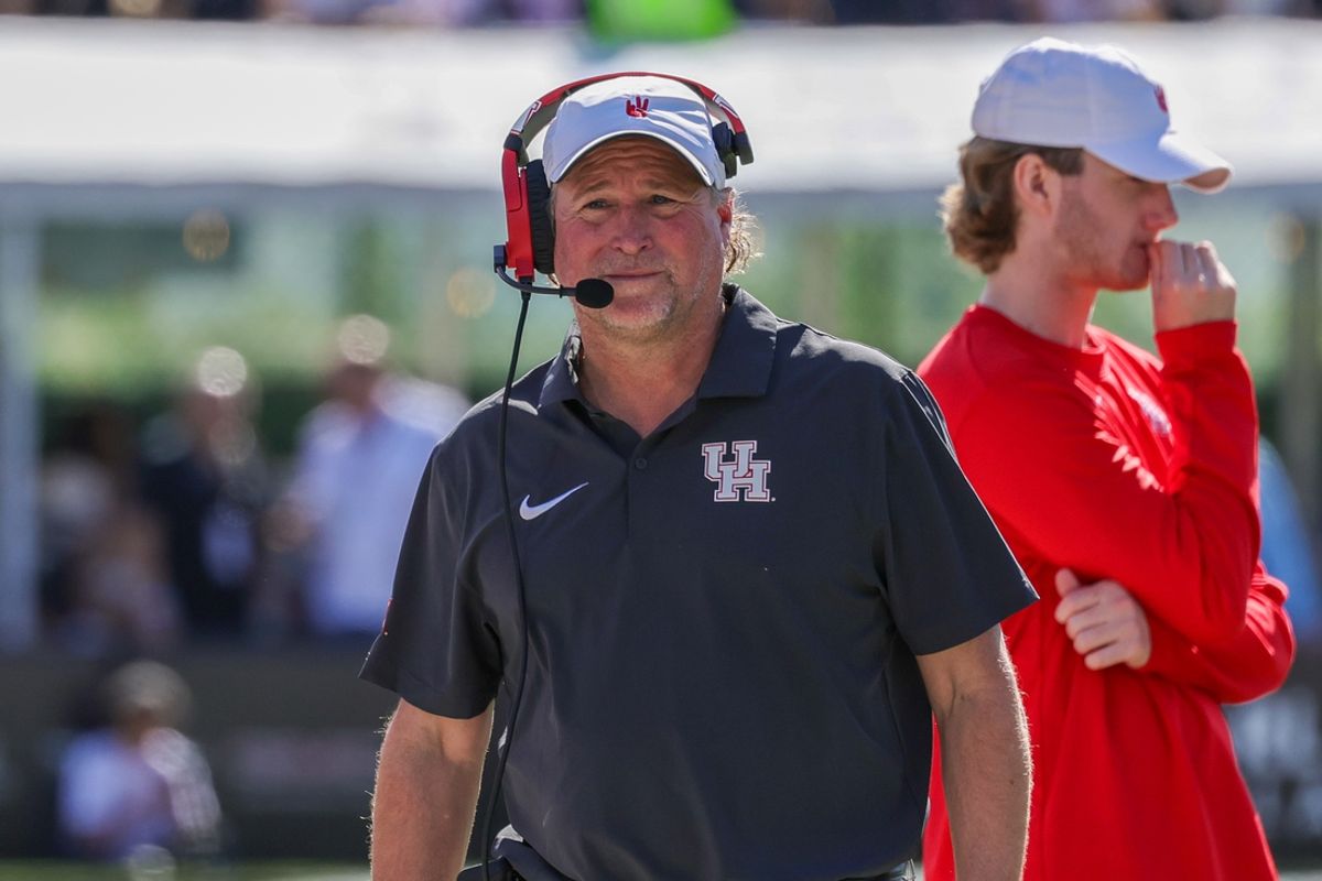 Nov 25, 2023; Orlando, Florida, USA; Houston Cougars head coach Dana Holgorsen walks the sideline during the second quarter against the UCF Knights at FBC Mortgage Stadium. Mandatory Credit: Mike Watters-Imagn Images