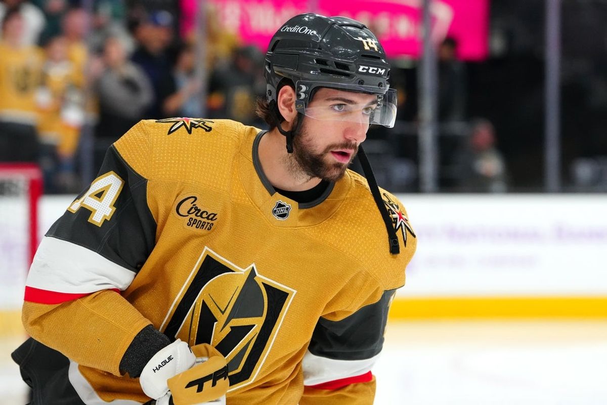 Nov 25, 2023; Las Vegas, Nevada, USA; Vegas Golden Knights defenseman Nicolas Hague (14) warms up before a game against the Arizona Coyotes at T-Mobile Arena. Mandatory Credit: Stephen R. Sylvanie-Imagn Images