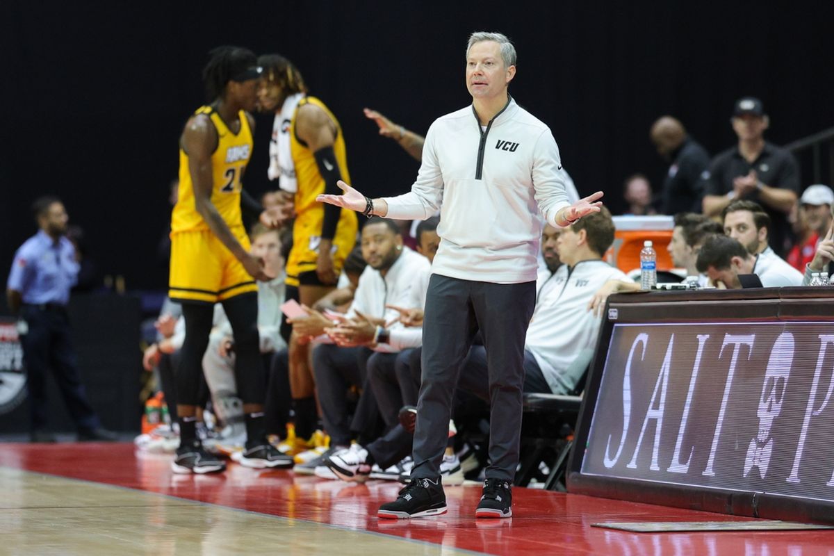 Nov 26, 2023; Kissimmee, FL, USA;  Virginia Commonwealth Rams head coach Ryan Odom reacts after a call against the Penn State Nittany Lions in the second half during the ESPN Invitational Events tournament seventh place game at State Farm Field House. Mandatory Credit: Nathan Ray Seebeck-Imagn Images