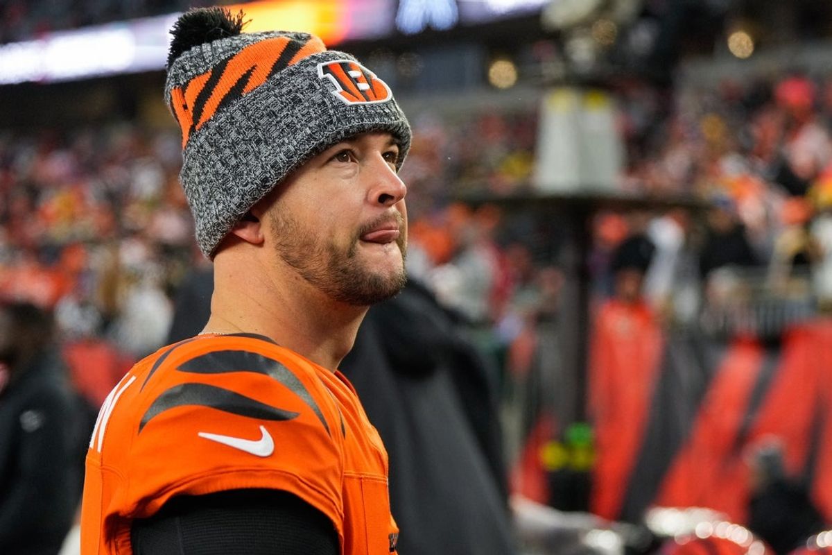 Cincinnati Bengals quarterback AJ McCarron (4) watches a replay in the fourth quarter of the NFL Week 12 game between the Cincinnati Bengals and the Pittsburgh Steelers at Paycor Stadium in Cincinnati on Sunday, Nov. 26, 2023. The Steelers took a 16-10 win over the Bengals in Cincinnati.