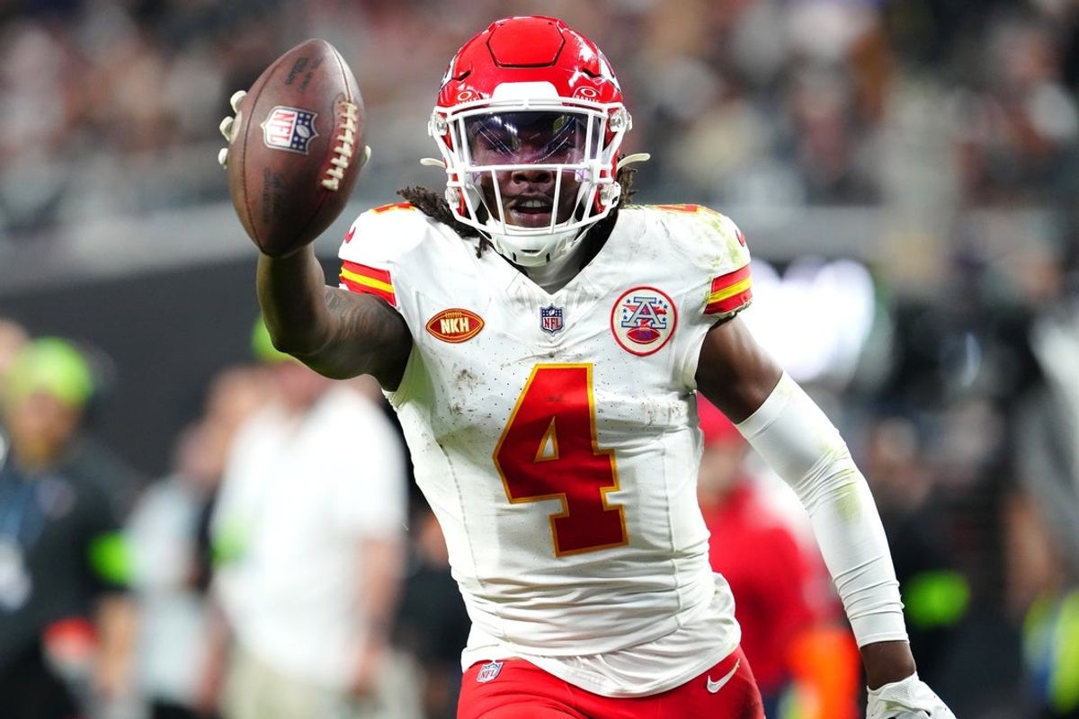 Nov 26, 2023; Paradise, Nevada, USA; Kansas City Chiefs wide receiver Rashee Rice (4) celebrates after scoring a touchdown against the Las Vegas Raiders during the fourth quarter at Allegiant Stadium. Mandatory Credit: Stephen R. Sylvanie-Imagn Images