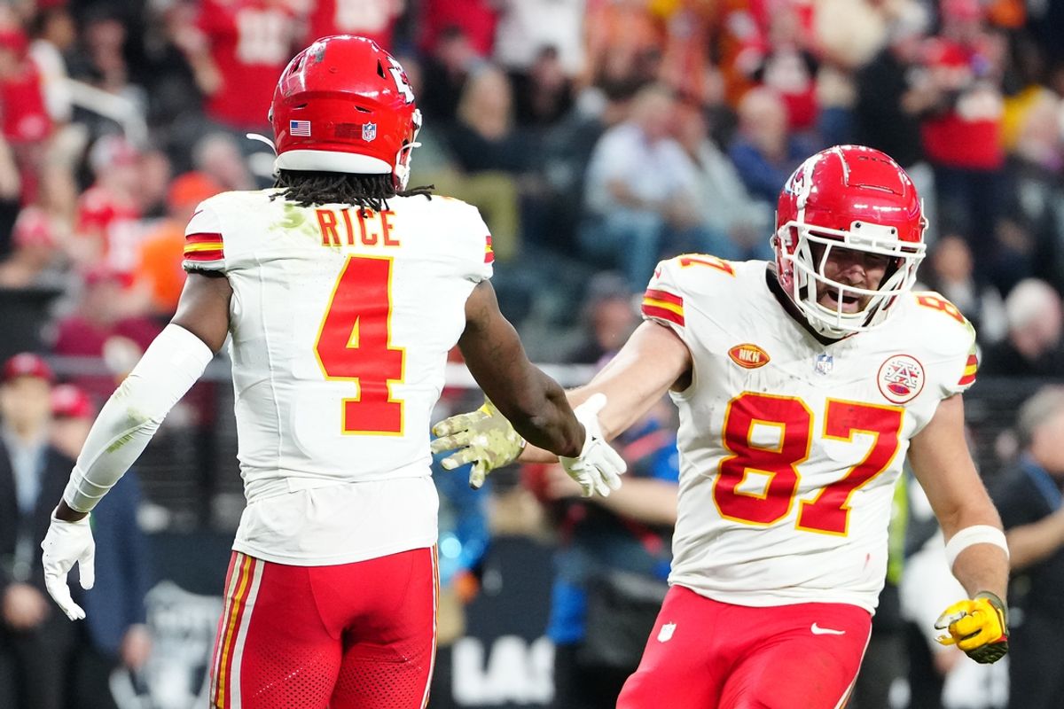 Kansas City Chiefs wide receiver Rashee Rice (4) celebrates with Kansas City Chiefs tight end Travis Kelce (87) after scoring a touchdown against the Las Vegas Raiders during the fourth quarter at Allegiant Stadium. Mandatory Credit: Stephen R. Sylvanie-USA TODAY Sports