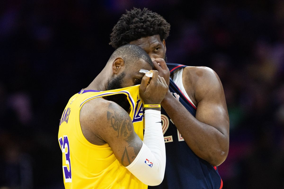 Team USA teammates at the Olympics, Philadelphia 76ers center Joel Embiid and Los Angeles Lakers forward LeBron James. Mandatory Credit: Bill Streicher-USA TODAY Sports