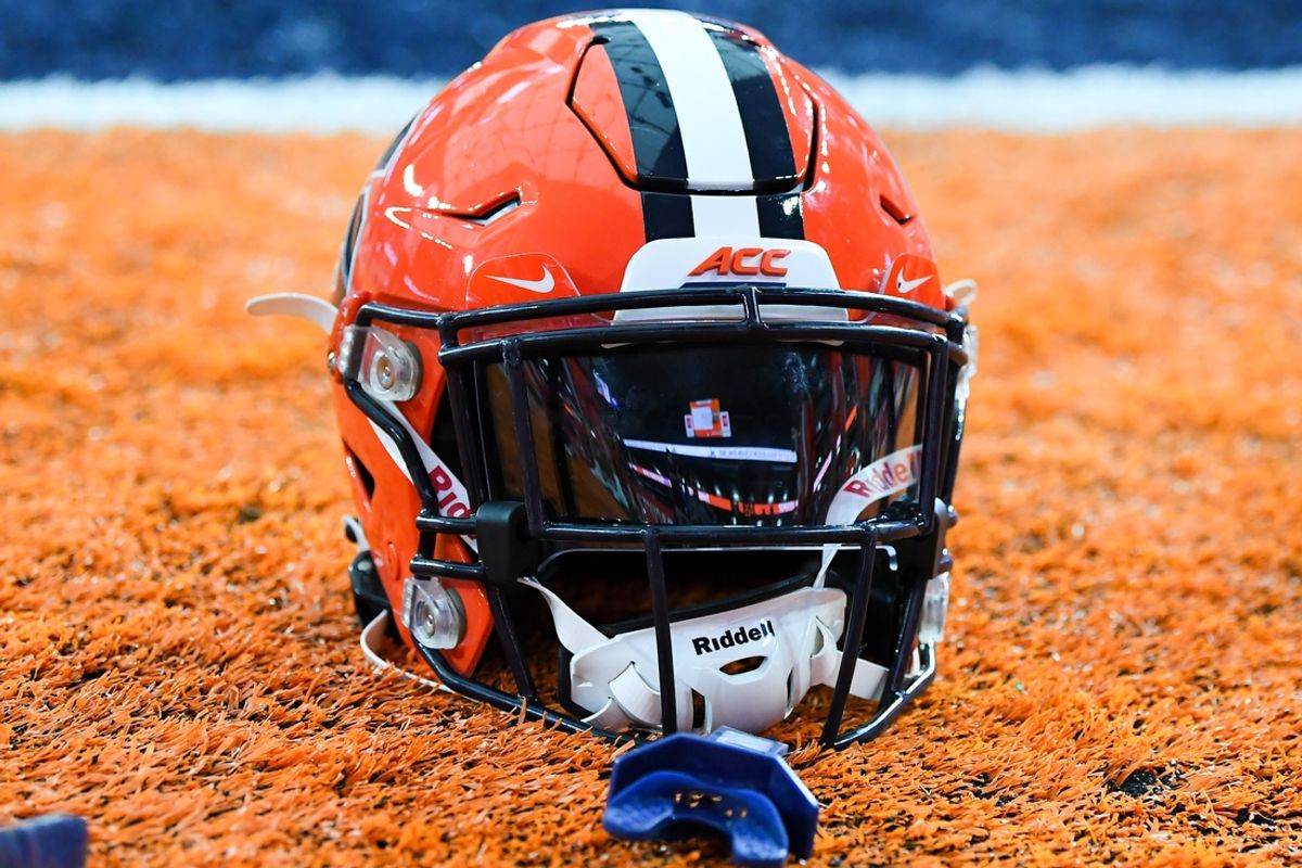 Nov 25, 2023; Syracuse, New York, USA; General view of a Syracuse Orange helmet prior to the game against the Wake Forest Demon Deacons at the JMA Wireless Dome. Mandatory Credit: Rich Barnes-Imagn Images