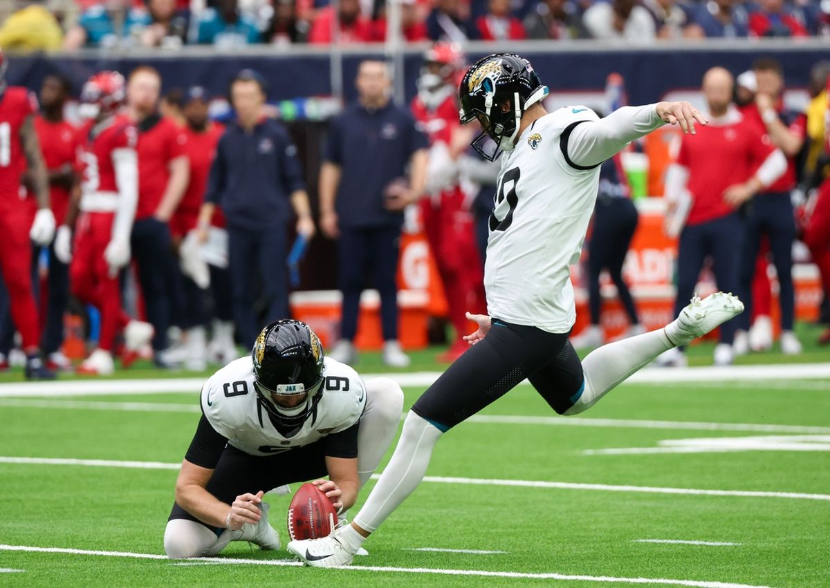 Nov 26, 2023; Houston, Texas, USA; Jacksonville Jaguars place kicker Brandon McManus (10) makes a 40 yard field goal against the Houston Texans at NRG Stadium. Mandatory Credit: Thomas Shea-Imagn Images