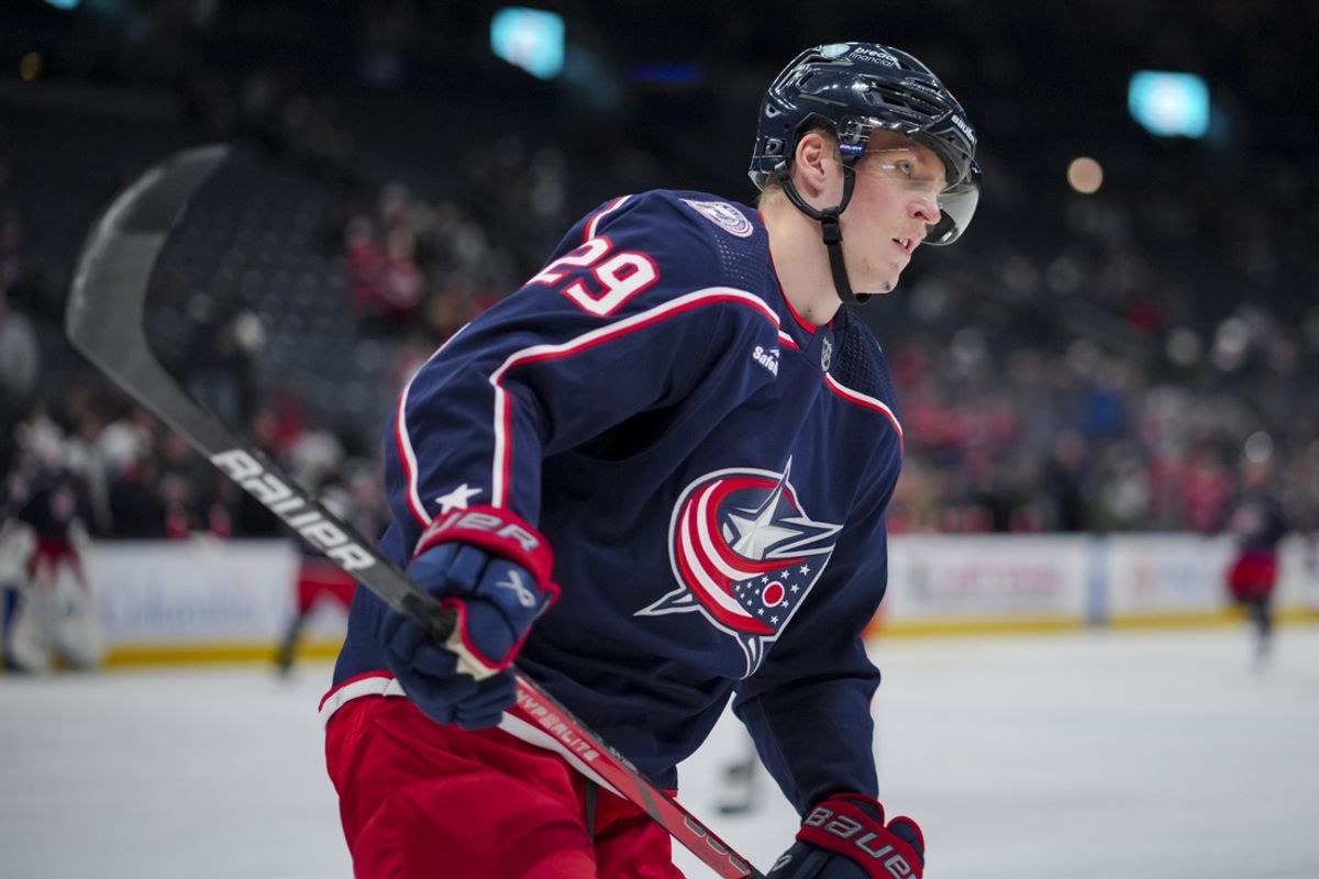 Nov 29, 2023; Columbus, Ohio, USA;  Columbus Blue Jackets right wing Patrik Laine skates during warmups before a game against the Montreal Canadiens at Nationwide Arena. Mandatory Credit: Aaron Doster-USA TODAY Sports