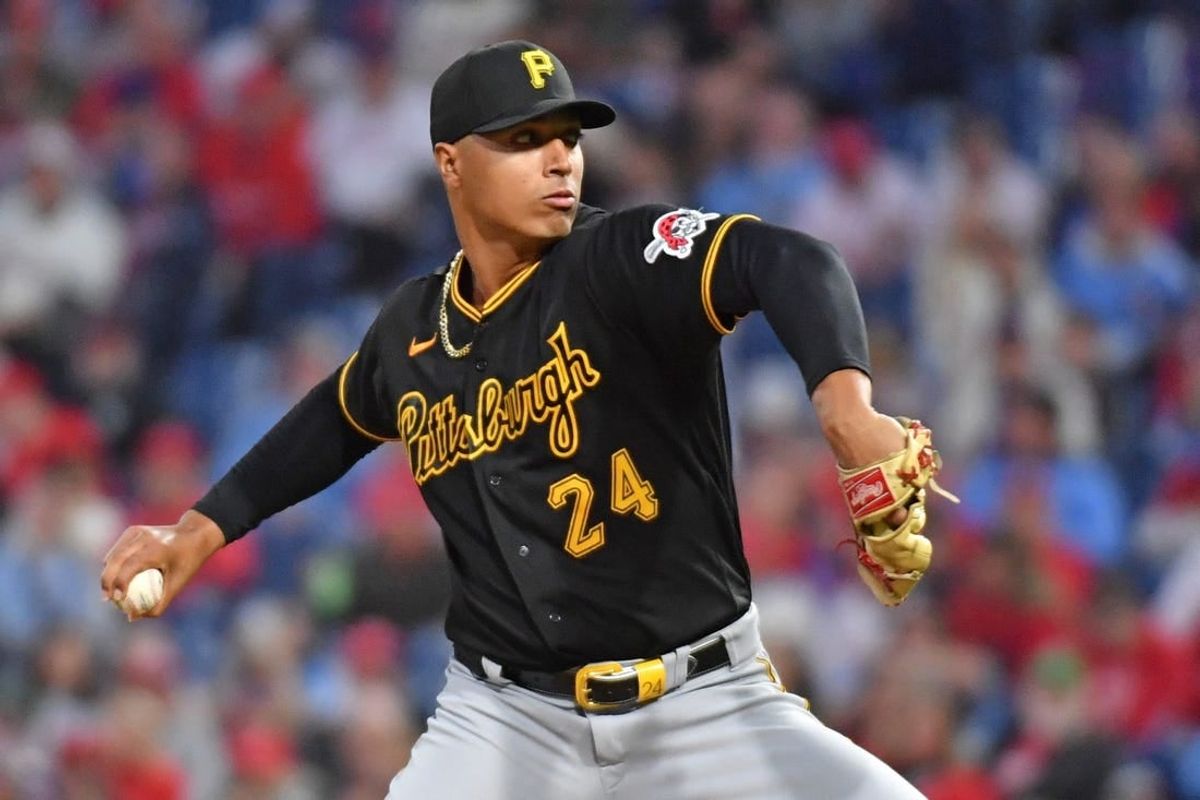 Sep 27, 2023; Philadelphia, Pennsylvania, USA; Pittsburgh Pirates starting pitcher Johan Oviedo (24) throws a pitch during the second inning against the Philadelphia Phillies at Citizens Bank Park.