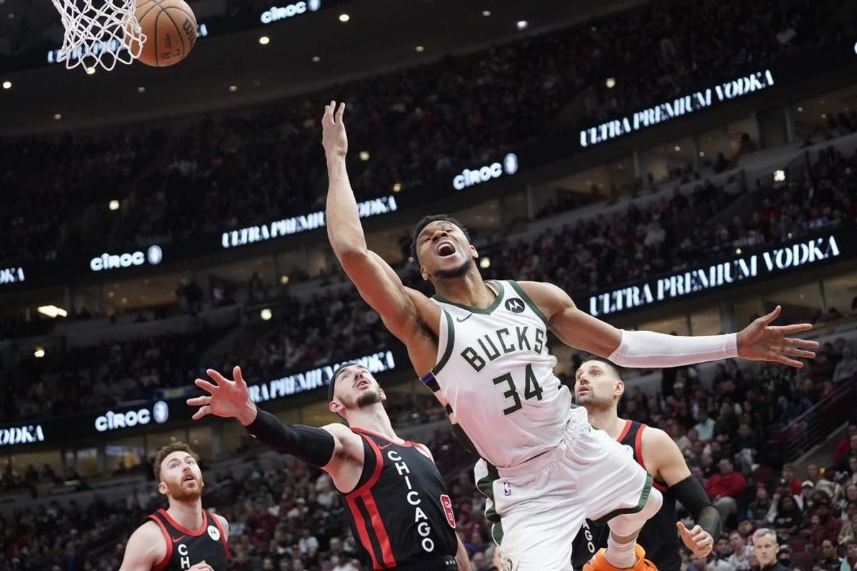 Mar 1, 2024; Chicago, Illinois, USA; Chicago Bulls guard Alex Caruso (6) fouls Milwaukee Bucks forward Giannis Antetokounmpo (34) during the second half at United Center.