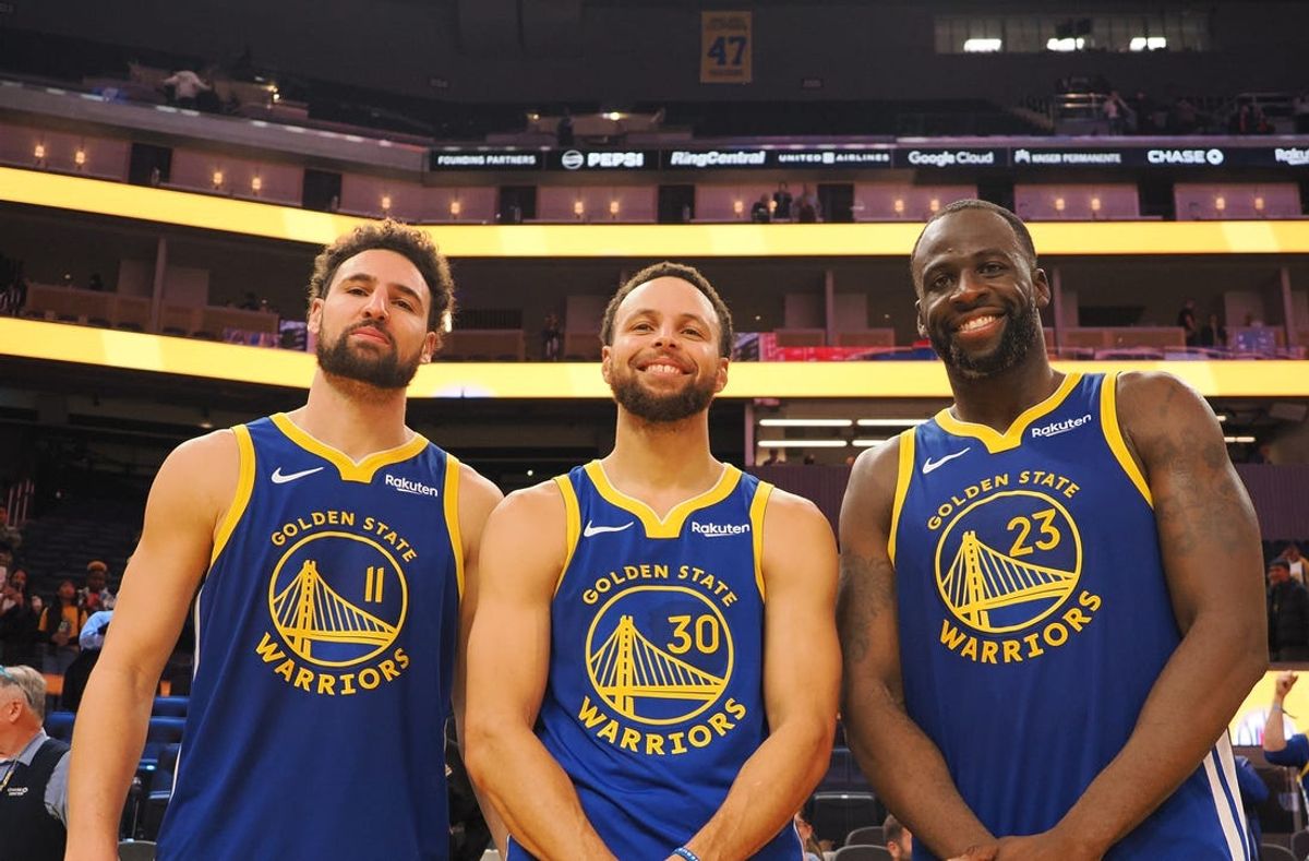 Nov 30, 2023; San Francisco, California, USA; Golden State Warriors guard Klay Thompson (11), guard Stephen Curry (30) and forward Draymond Green (23) after the game against the Los Angeles Clippers at Chase Center. Mandatory Credit: Kelley L Cox-USA TODAY Sports