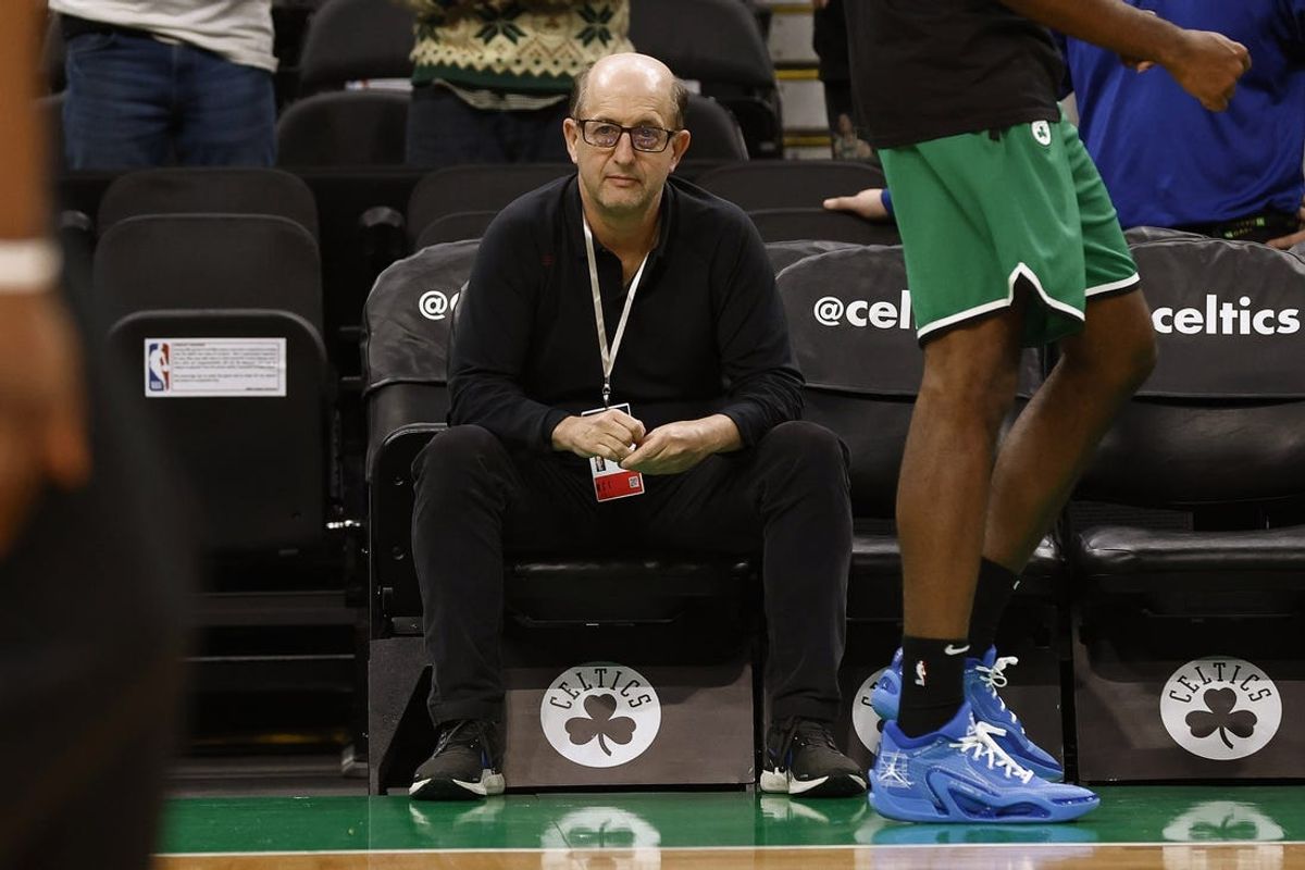Dec 1, 2023; Boston, Massachusetts, USA; ESPN announcer Jeff Van Gundy sits courtside befopre the game between the Boston Celtics and the Philadelphia 76ers at TD Garden. Mandatory Credit: Winslow Townson-USA TODAY Sports
