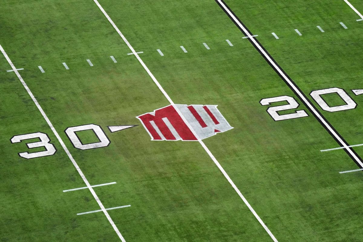 Dec 2, 2023; Las Vegas, NV, USA; The Mountain West conference logo on the field at Allegiant Stadium. Mandatory Credit: Kirby Lee-Imagn Images