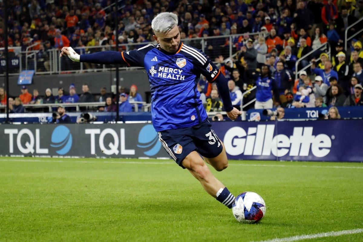 Dec 2, 2023; Cincinnati, Ohio, USA; FC Cincinnati midfielder Alvaro Barreal (31) kicks the ball against the Columbus Crew during the first half at TQL Stadium. Mandatory Credit: Katie Stratman-Imagn Images