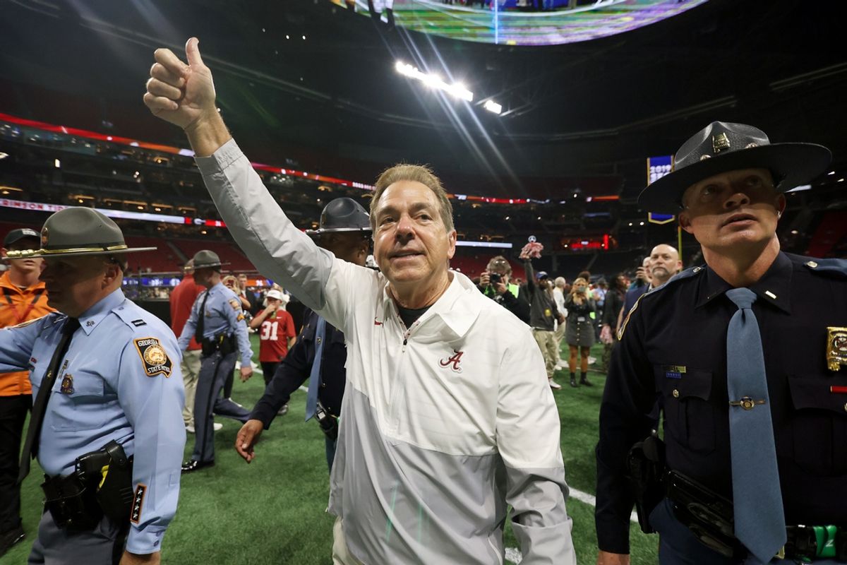 Dec 2, 2023; Atlanta, GA, USA;  Alabama Crimson Tide head coach Nick Saban celebrates after defeating the Georgia Bulldogs in the SEC championship game at Mercedes-Benz Stadium. Mandatory Credit: Brett Davis-USA TODAY Sports