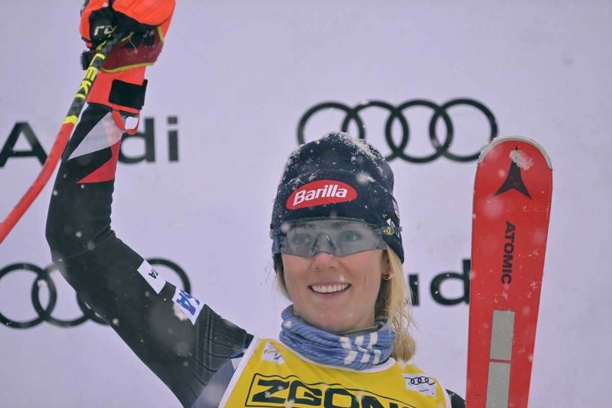 Dec 3, 2023; Mont Tremblant, Quebec, CAN; Mikaela Shiffrin of the United States celebrates on the podium after the giant slalom race in the women's alpine skiing World Cup at Mont Tremblant. Mandatory Credit: Eric Bolte-Imagn Images