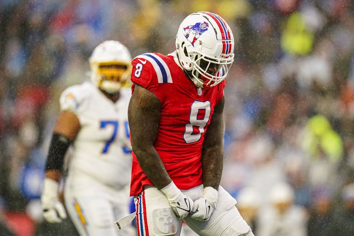 Dec 3, 2023; Foxborough, Massachusetts, USA; New England Patriots linebacker Ja'Whaun Bentley (8) reacts after his tackle against the Los Angeles Chargers in the second half at Gillette Stadium. Mandatory Credit: David Butler II-Imagn Images
