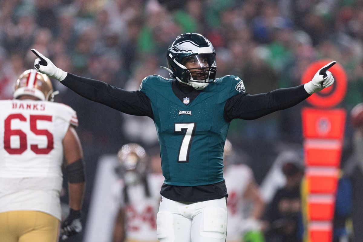 Dec 3, 2023; Philadelphia, Pennsylvania, USA; Philadelphia Eagles linebacker Haason Reddick (7) reacts after a defensive stop against the San Francisco 49ers during the first quarter at Lincoln Financial Field. Mandatory Credit: Bill Streicher-USA TODAY Sports
