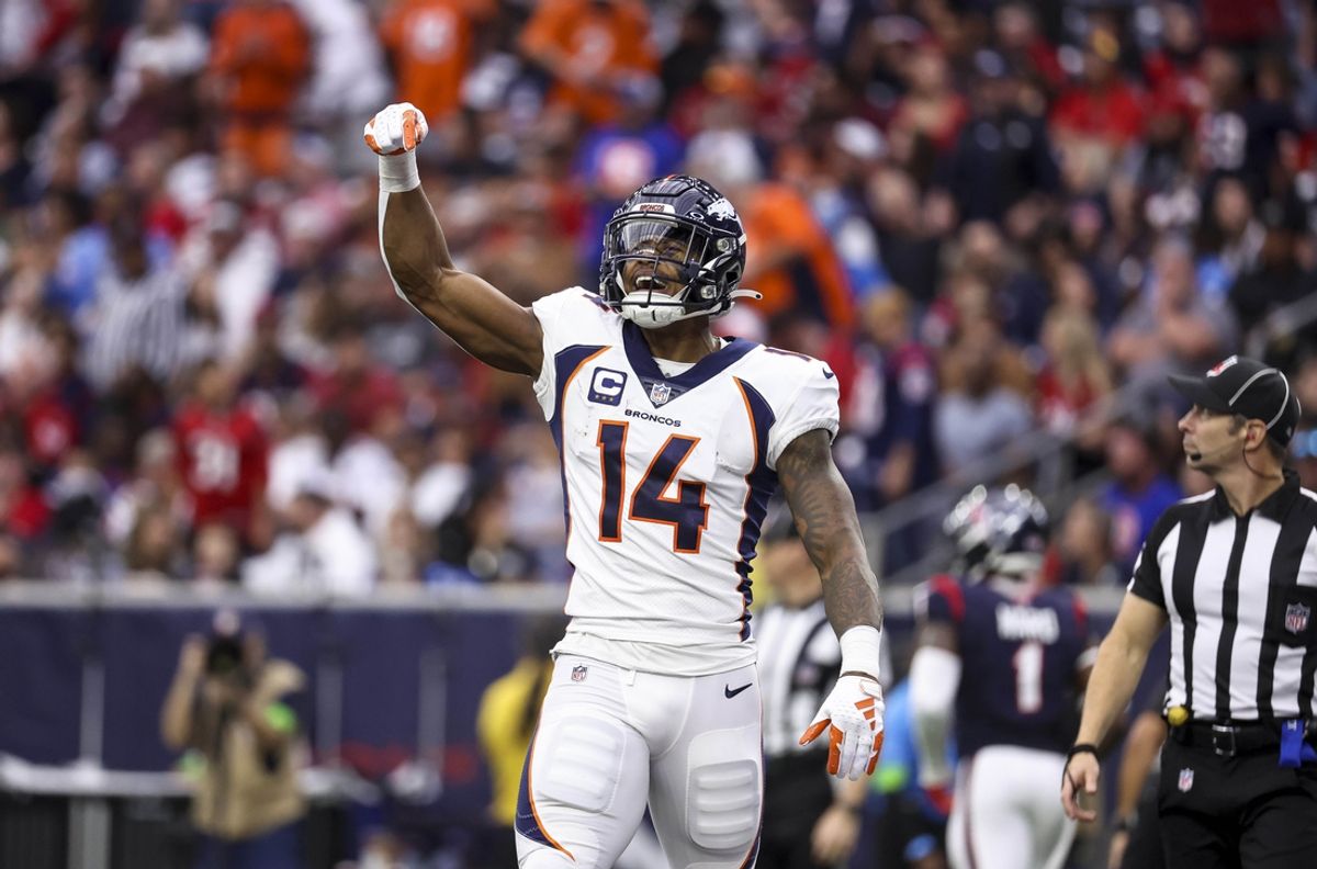 Dec 3, 2023; Houston, Texas, USA; Denver Broncos wide receiver Courtland Sutton (14) reacts after scoring a touchdown during the third quarter against the Houston Texans at NRG Stadium. Mandatory Credit: Troy Taormina-USA TODAY Sports