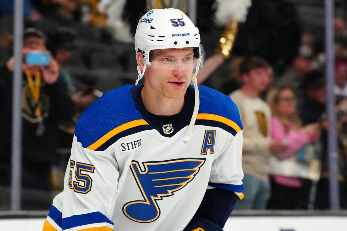 Dec 4, 2023; Las Vegas, Nevada, USA; St. Louis Blues defenseman Colton Parayko (55) warms up before a game against the Vegas Golden Knights at T-Mobile Arena. Mandatory Credit: Stephen R. Sylvanie-Imagn Images