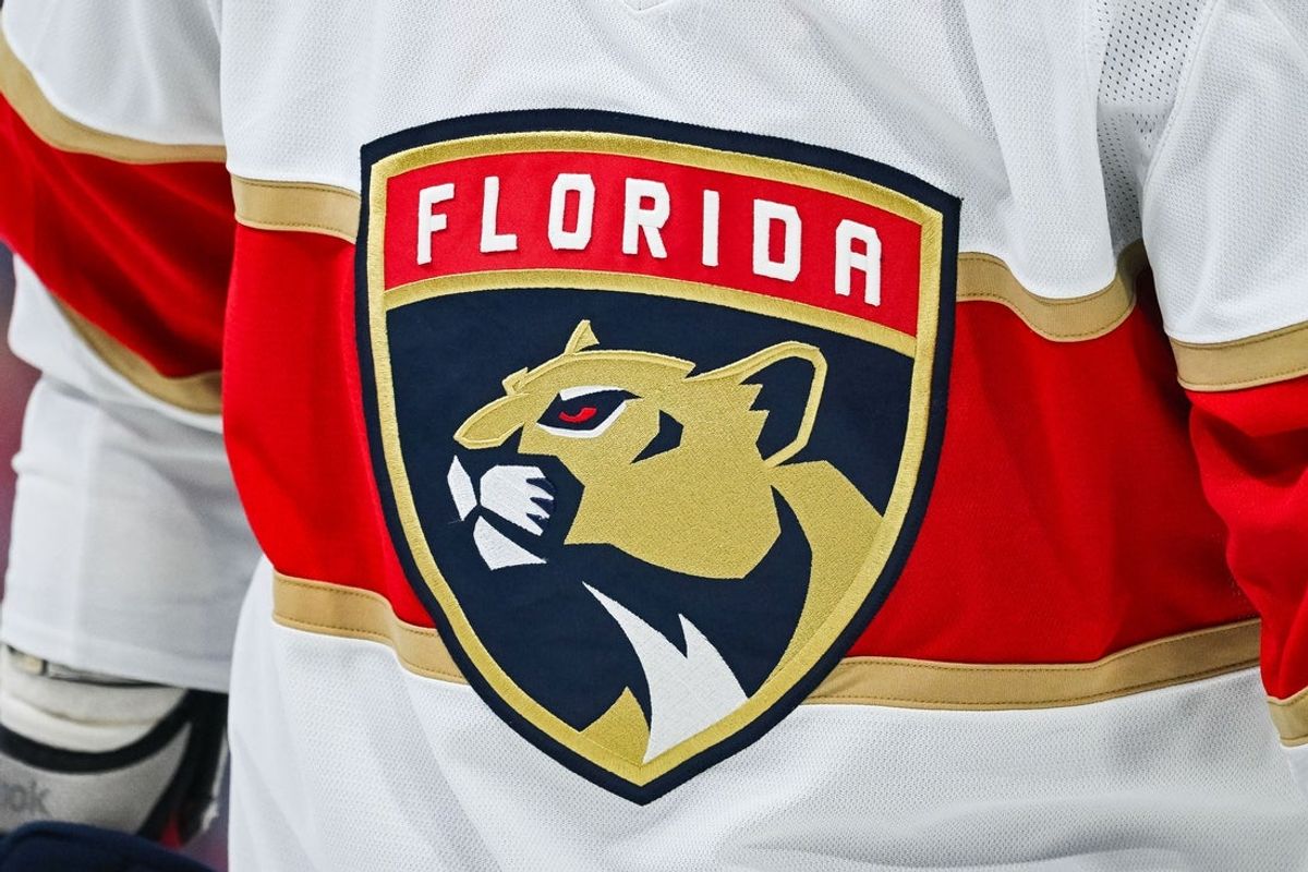 Nov 30, 2023; Montreal, Quebec, CAN; View of a Florida Panthers logo on a jersey worn by a member of the team during warm-up before the game against the Montreal Canadiens at Bell Centre. Mandatory Credit: David Kirouac-Imagn Images