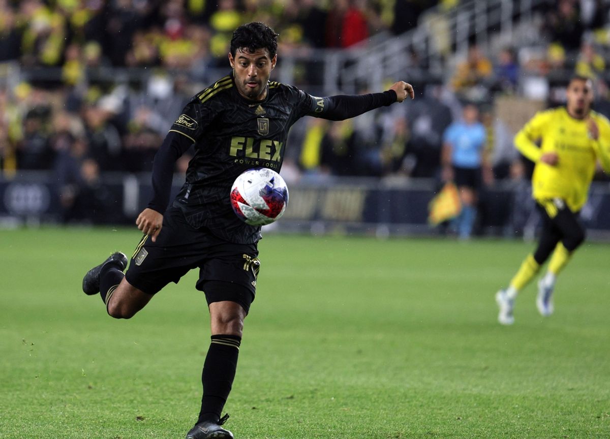 Dec 9, 2023; Columbus, OH, USA; Los Angeles FC forward Carlos Vela (10) plays the ball against the Columbus Crew in the 2023 MLS Cup championship game at Lower.com Field. Mandatory Credit: Trevor Ruszkowski-Imagn Images