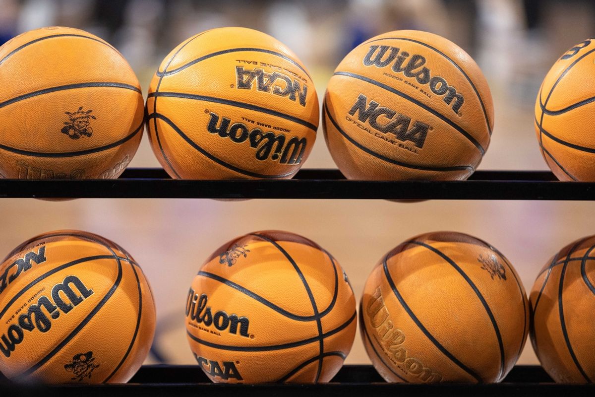 Dec 9, 2023; Wichita, Kansas, USA; Practice balls sit on the rack prior to the game between the Wichita State Shockers and the South Dakota State Jackrabbits at INTRUST Bank Arena. Mandatory Credit: William Purnell-Imagn Images