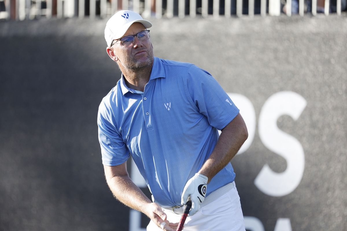 Dec 10, 2023; Bradenton, Florida, USA; Team Europe s Robert Karlsson hits off of the first tee at The Concession Golf Club. Mandatory Credit: Jeff Swinger-USA TODAY Sports