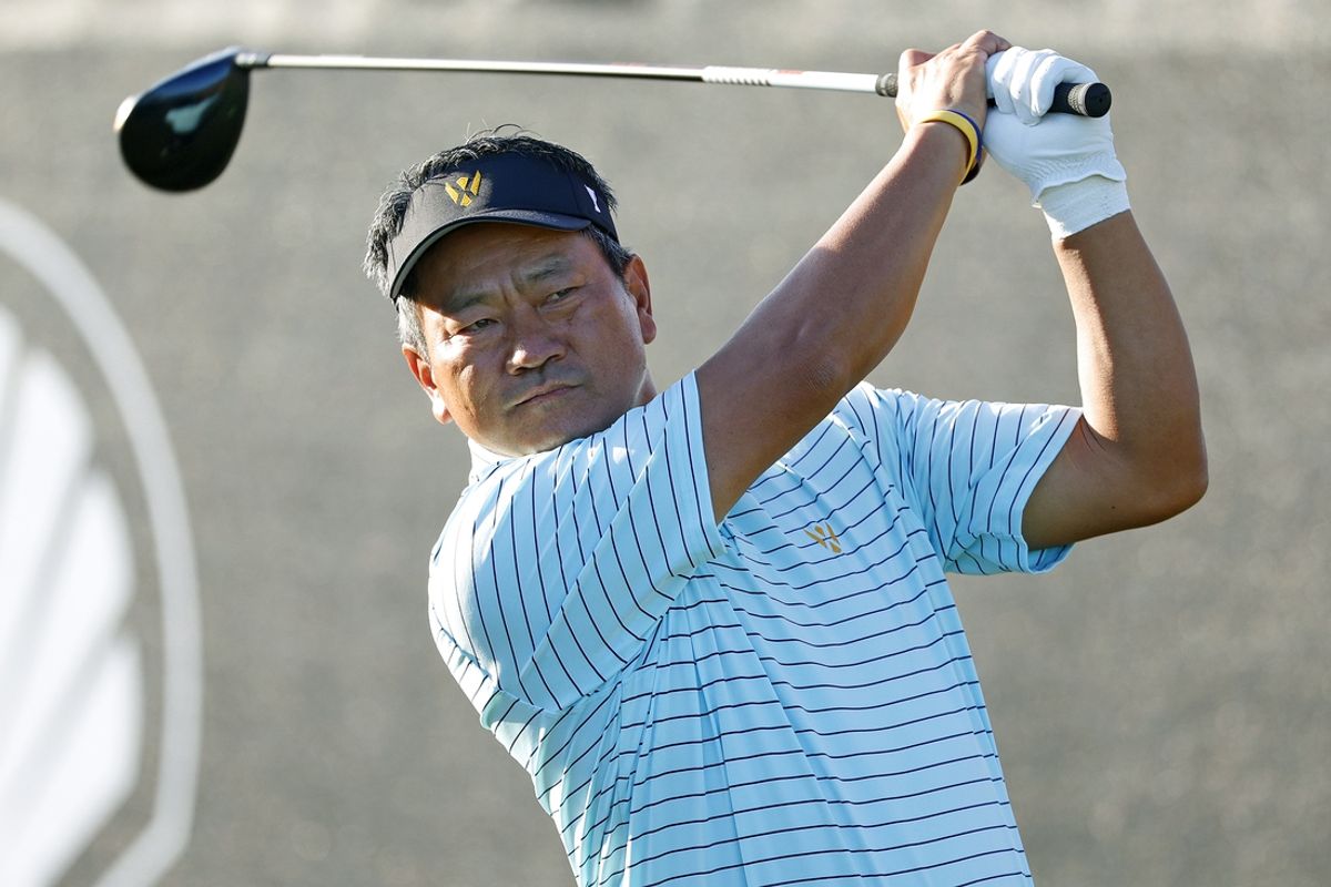 Dec 10, 2023; Bradenton, Florida, USA; Team International s K.J. Choi hits off of the first tee at The Concession Golf Club. Mandatory Credit: Jeff Swinger-USA TODAY Sports