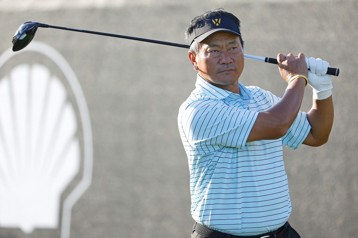 Dec 10, 2023; Bradenton, Florida, USA; Team International s K.J. Choi hits off of the first tee at The Concession Golf Club. Mandatory Credit: Jeff Swinger-USA TODAY Sports