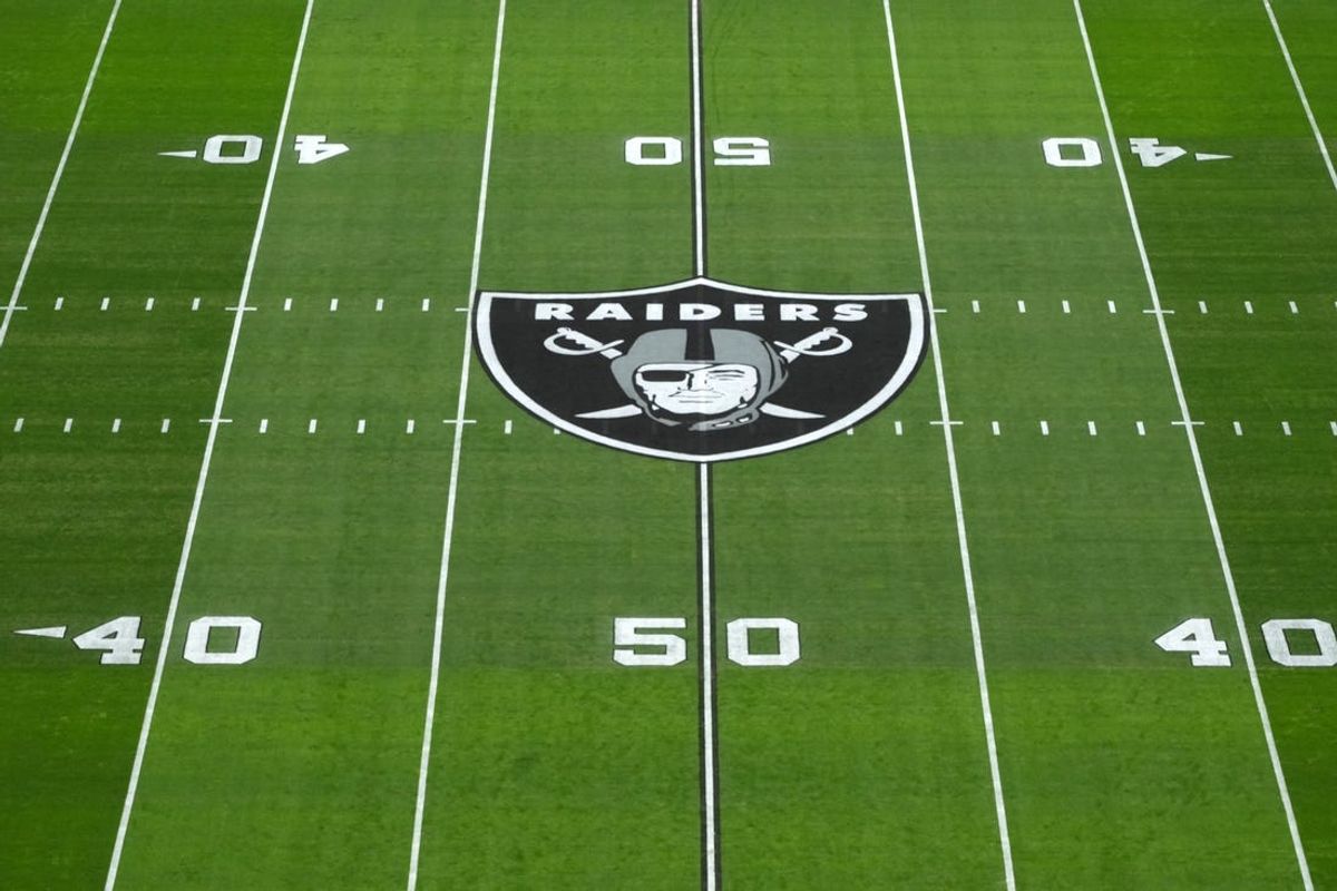 Dec 10, 2023; Paradise, Nevada, USA; The Las Vegas Raiders shield logo at midfield at Allegiant Stadium. Mandatory Credit: Kirby Lee-USA TODAY Sports
