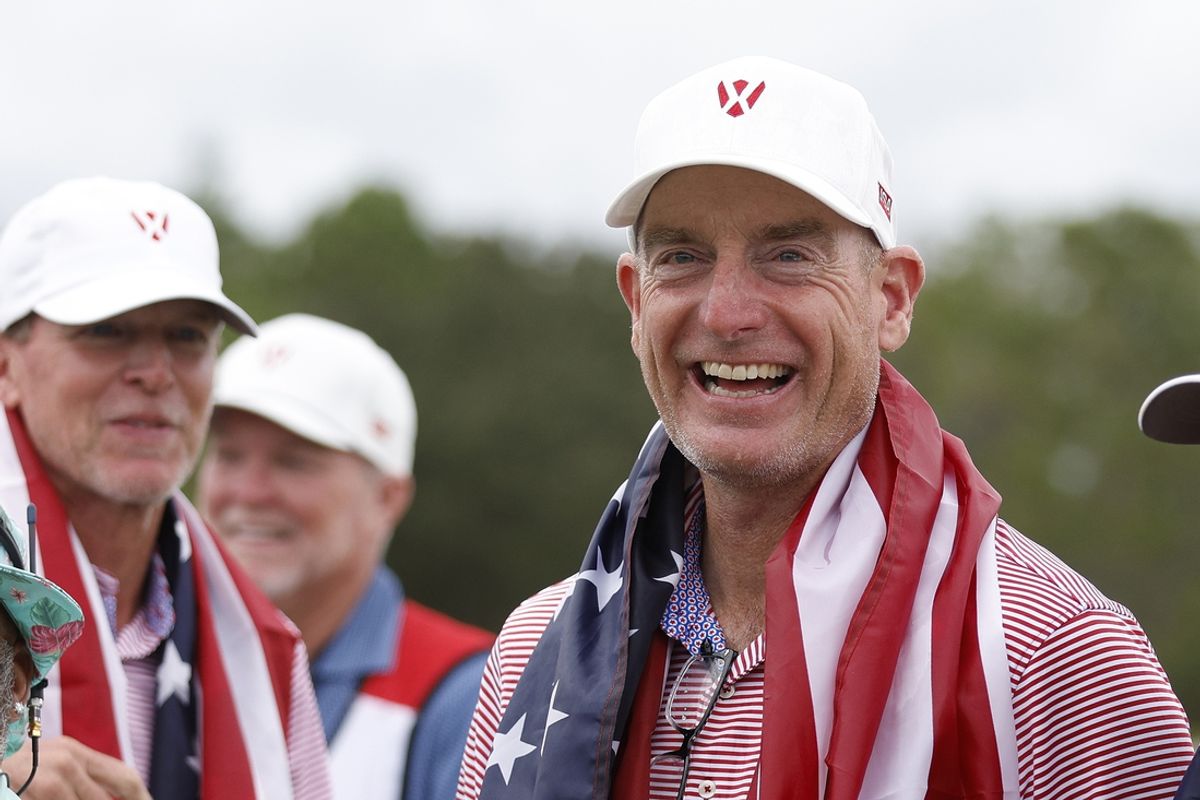 Dec 10, 2023; Bradenton, Florida, USA;  Team USA captain Jim Furyk was all smiles after their win in the World Champions Cup at The Concession Golf Club. Mandatory Credit: Jeff Swinger-USA TODAY Sports