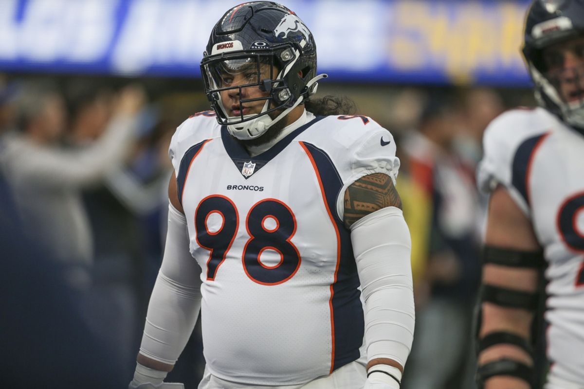 Dec 10, 2023; Inglewood, California, USA; Denver Broncos defensive linesmen Mike Purcell (98) during pregame in a game against the Los Angeles Rams at SoFi Stadium. Mandatory Credit: Yannick Peterhans-USA TODAY Sports