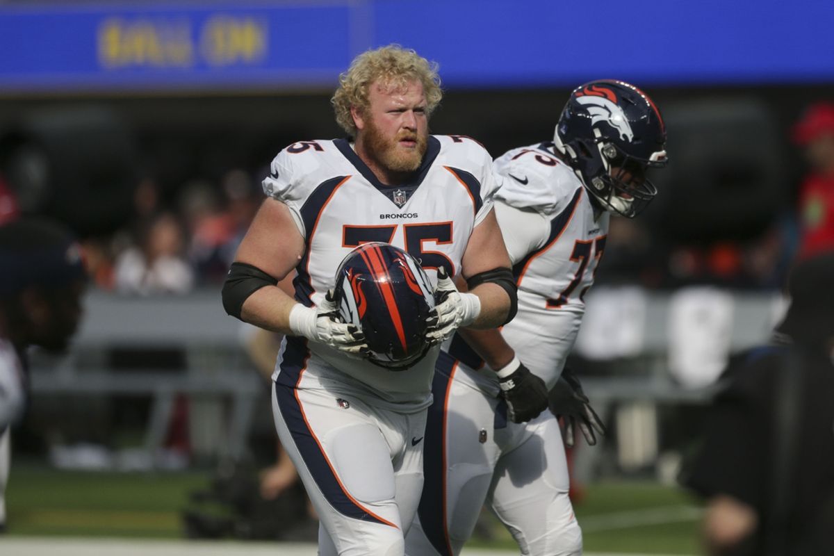 Dec 10, 2023; Inglewood, California, USA; Denver Broncos tackle Quinn Bailey (75) during pregame in a game against the Los Angeles Rams at SoFi Stadium. Mandatory Credit: Yannick Peterhans-USA TODAY Sports