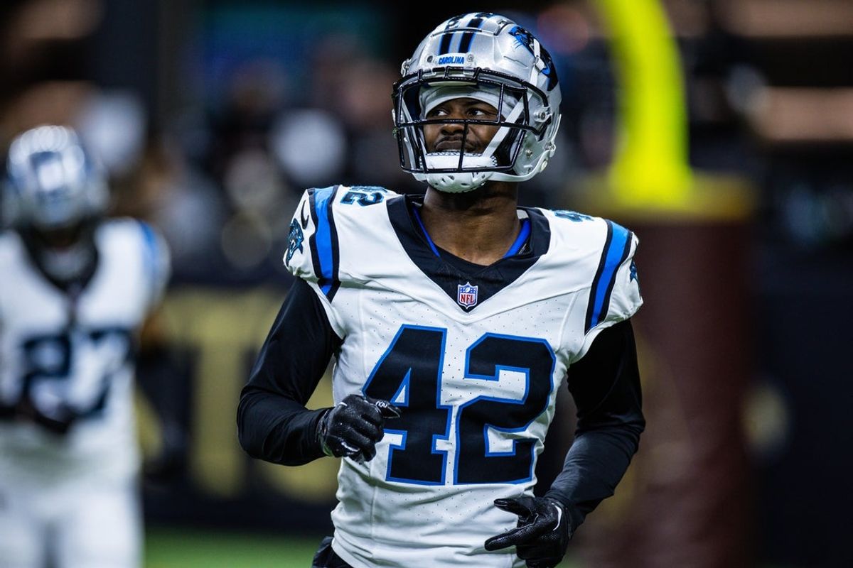 Dec 10, 2023; New Orleans, Louisiana, USA; Carolina Panthers safety Sam Franklin Jr. (42) looks on against the New Orleans Saints during the second half at the Caesars Superdome. Mandatory Credit: Stephen Lew-Imagn Images