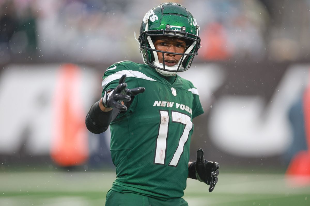 Dec 10, 2023; East Rutherford, New Jersey, USA; New York Jets wide receiver Garrett Wilson (17) before a snap during the second half against the Houston Texans at MetLife Stadium. Mandatory Credit: Vincent Carchietta-Imagn Images