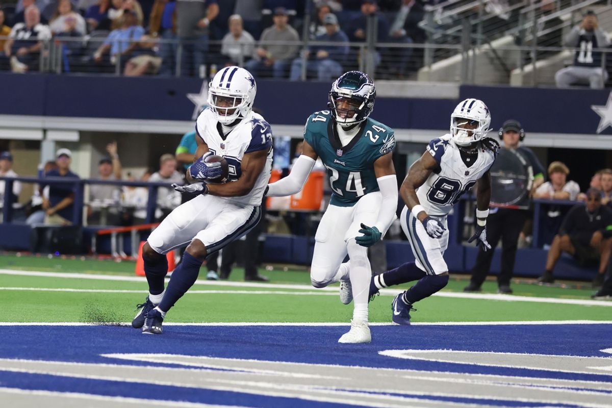 Dec 10, 2023; Arlington, Texas, USA; Dallas Cowboys wide receiver Michael Gallup (13) catches a touchdown pass against Philadelphia Eagles cornerback James Bradberry (24) in the second quarter at AT&T Stadium. Mandatory Credit: Tim Heitman-USA TODAY Sports