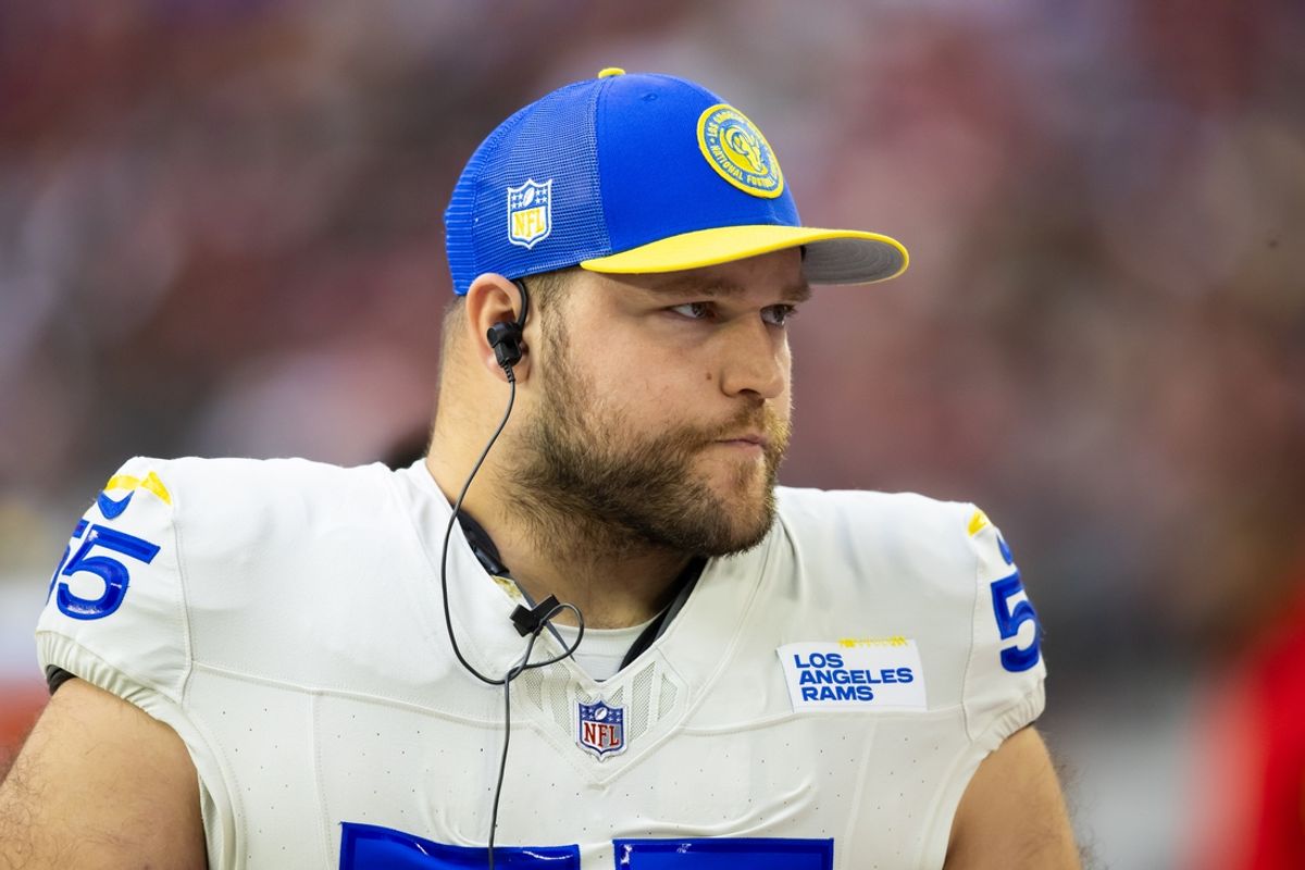 Nov 26, 2023; Glendale, Arizona, USA; Los Angeles Rams center Brian Allen (55) against the Arizona Cardinals at State Farm Stadium. Mandatory Credit: Mark J. Rebilas-USA TODAY Sports