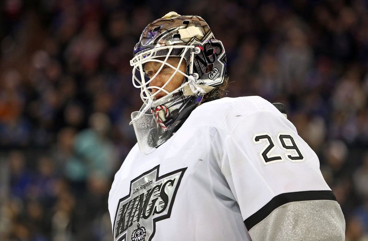 Dec 10, 2023; New York, New York, USA; Los Angeles Kings goalie Pheonix Copley (29) skates to the bench during the third period against the New York Rangers at Madison Square Garden. Mandatory Credit: Danny Wild-Imagn Images