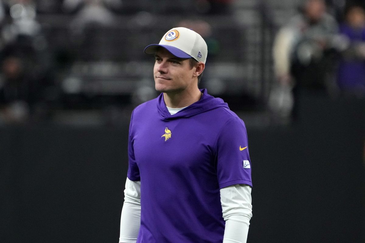 Dec 10, 2023; Paradise, Nevada, USA; Minnesota Vikings coach Kevin O'Connell reacts during the game against the Las Vegas Raiders at Allegiant Stadium. Mandatory Credit: Kirby Lee-USA TODAY Sports