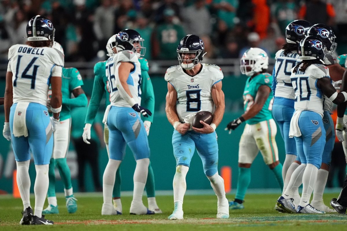 Dec 11, 2023; Miami Gardens, Florida, USA; Tennessee Titans quarterback Will Levis (8) celebrates after defeating the Miami Dolphins at Hard Rock Stadium. Mandatory Credit: Jasen Vinlove-Imagn Images