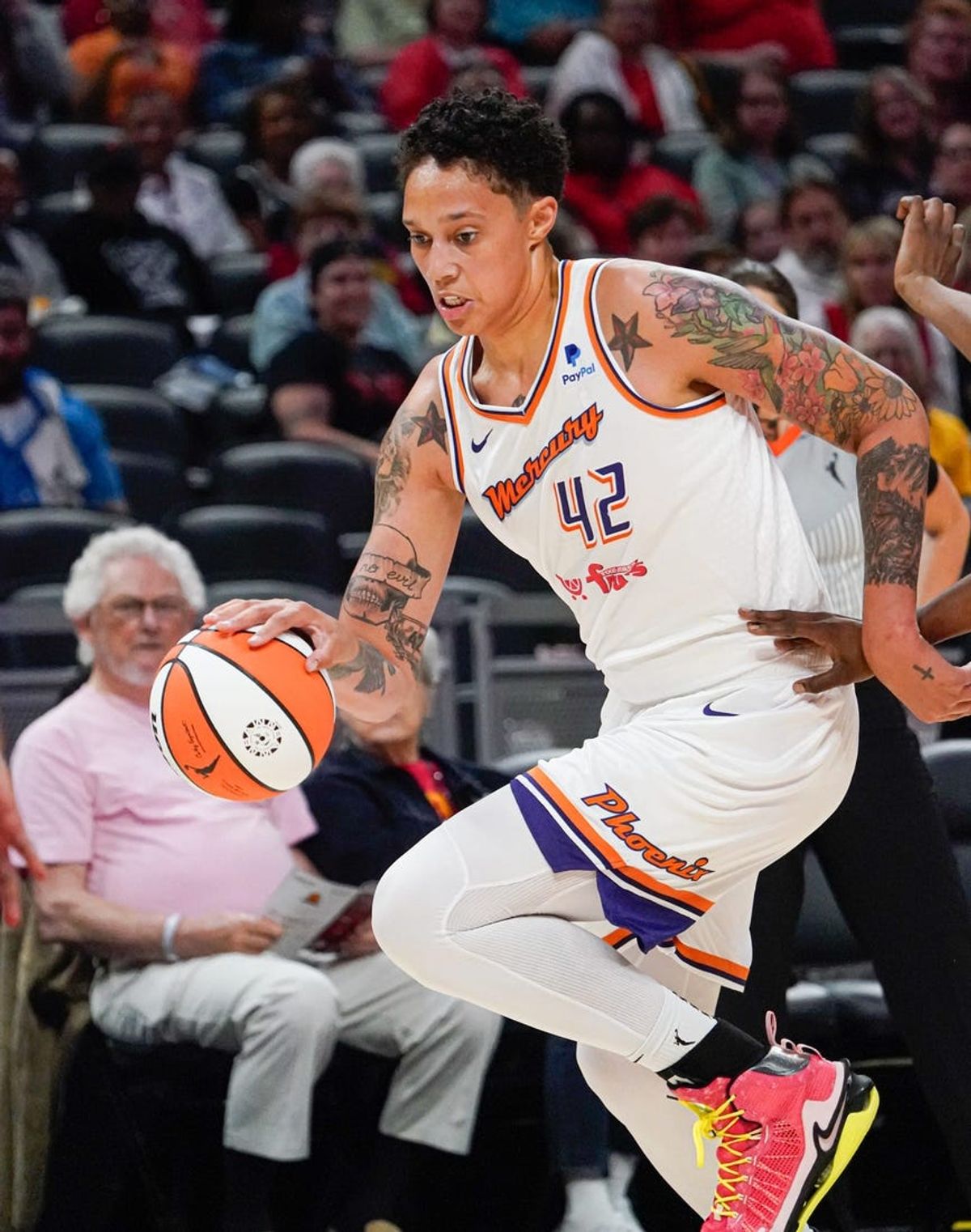 The Phoenix Mercury's Brittney Griner (42) drives to the hoop during the a game between the Indiana Fever and Phoenix Mercury, on Sunday, June 11, 2023, at Gainbridge Fieldhouse in Indianapolis.