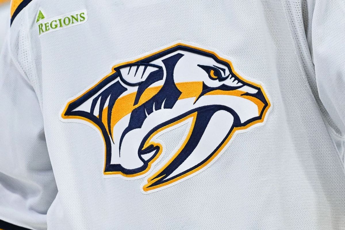 Dec 10, 2023; Montreal, Quebec, CAN; View of a Nashville Predators logo on a jersey worn by a member of the team against the Montreal Canadiens during the first period at Bell Centre. Mandatory Credit: David Kirouac-Imagn Images